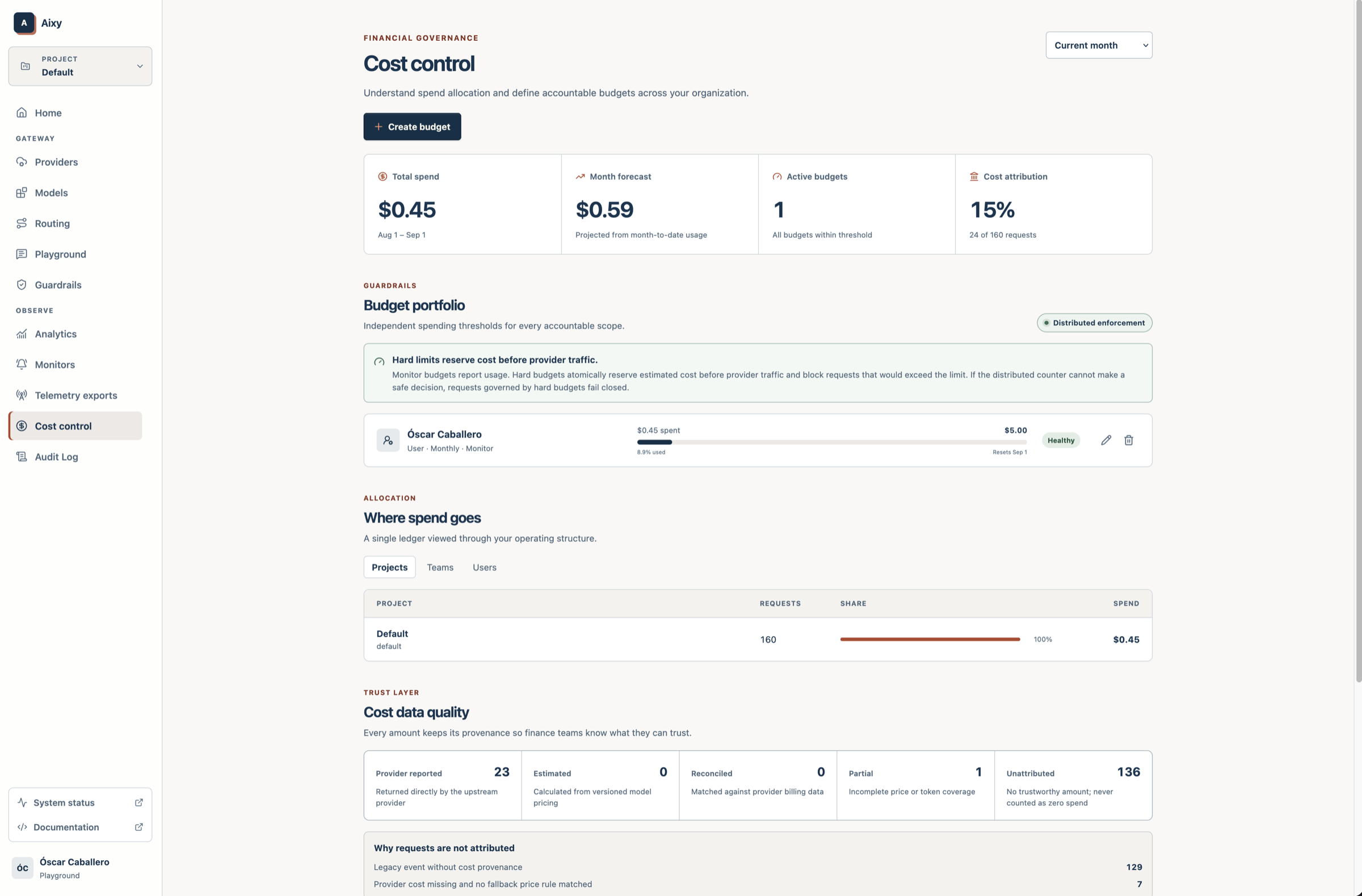Aixy cost control screen showing budgets, spend allocation and cost data quality