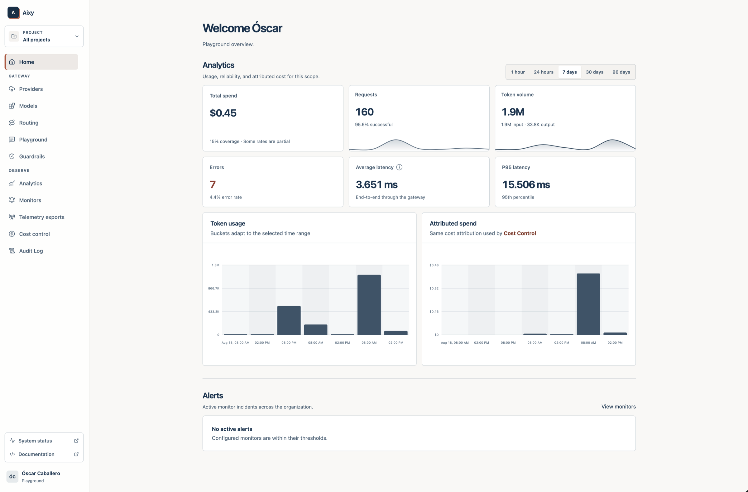 Aixy dashboard overview with organization-wide spend, requests, token volume, errors, latency and alerts