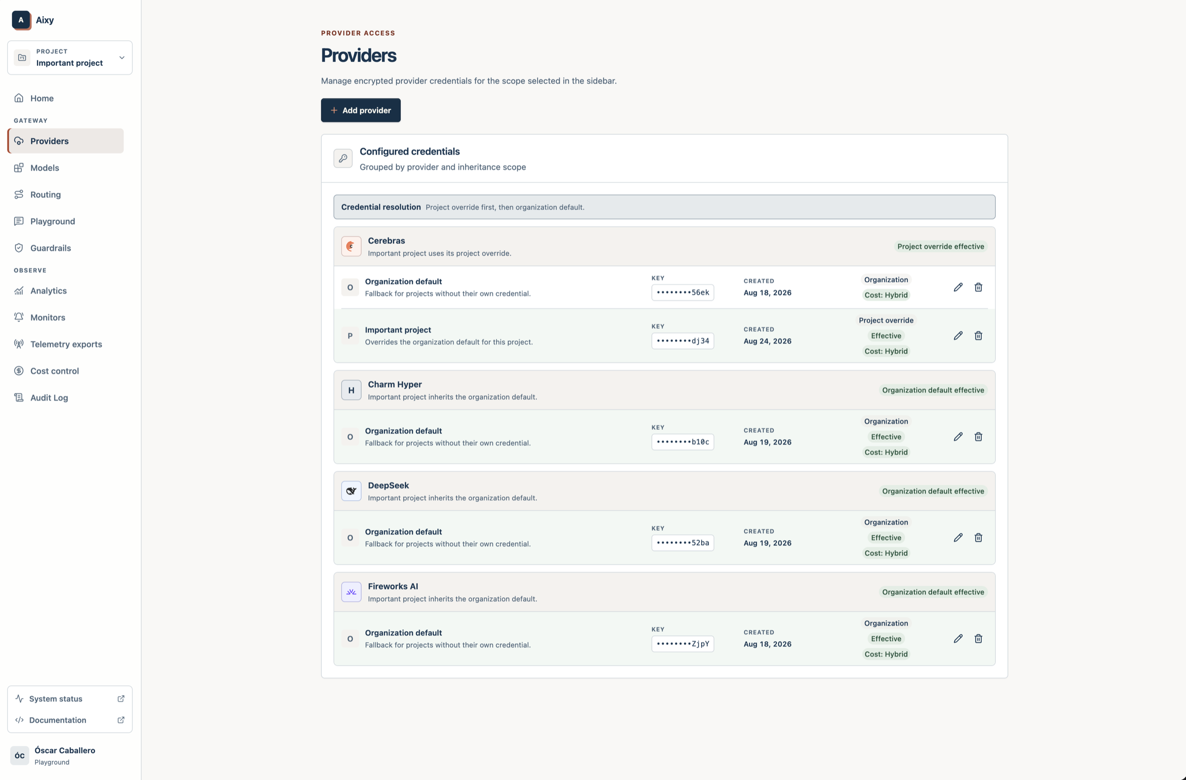 Aixy provider access screen showing encrypted credentials and project-level overrides