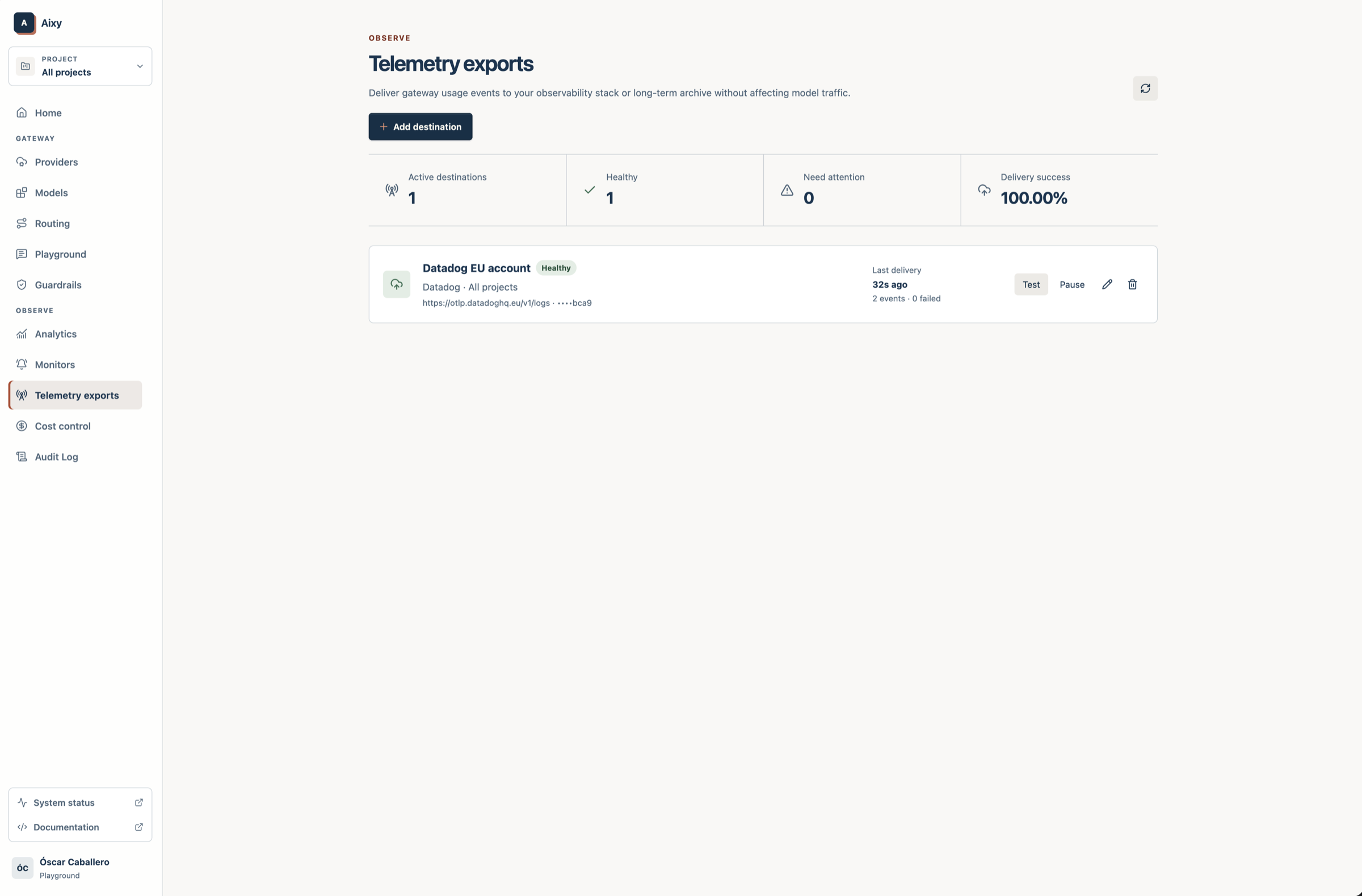 Aixy telemetry exports screen with a healthy Datadog destination